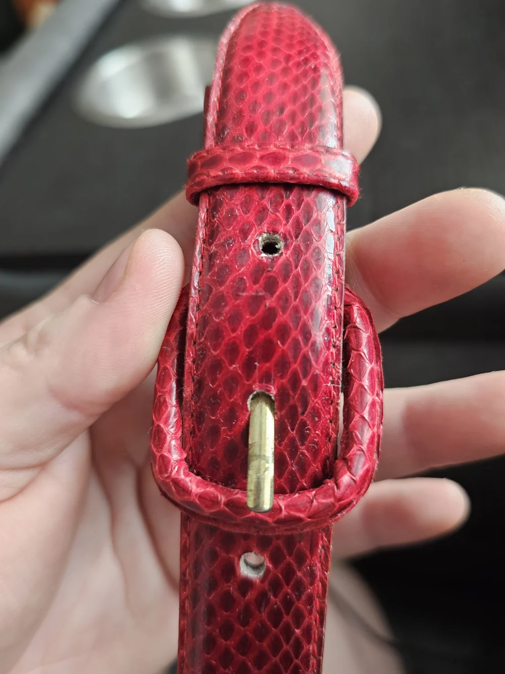 Vintage 1970-1980's Red Genuine-Snakeskin Leather Belt with Gold Buckle
